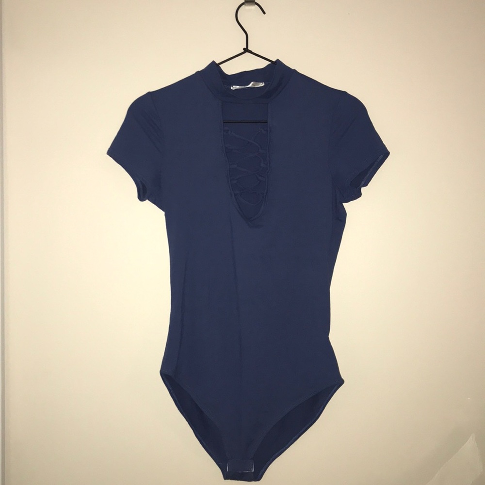 Blue one piece with lace up front